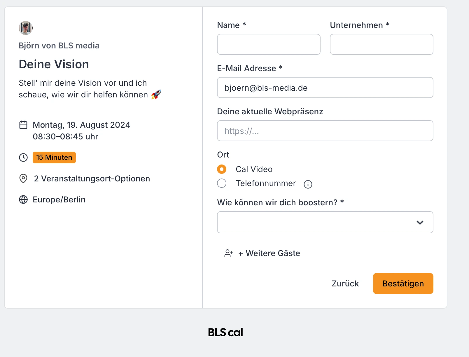BLS cal Buchungsformular, Online-Buchungsformular, Terminbuchung, BLS cal Buchung